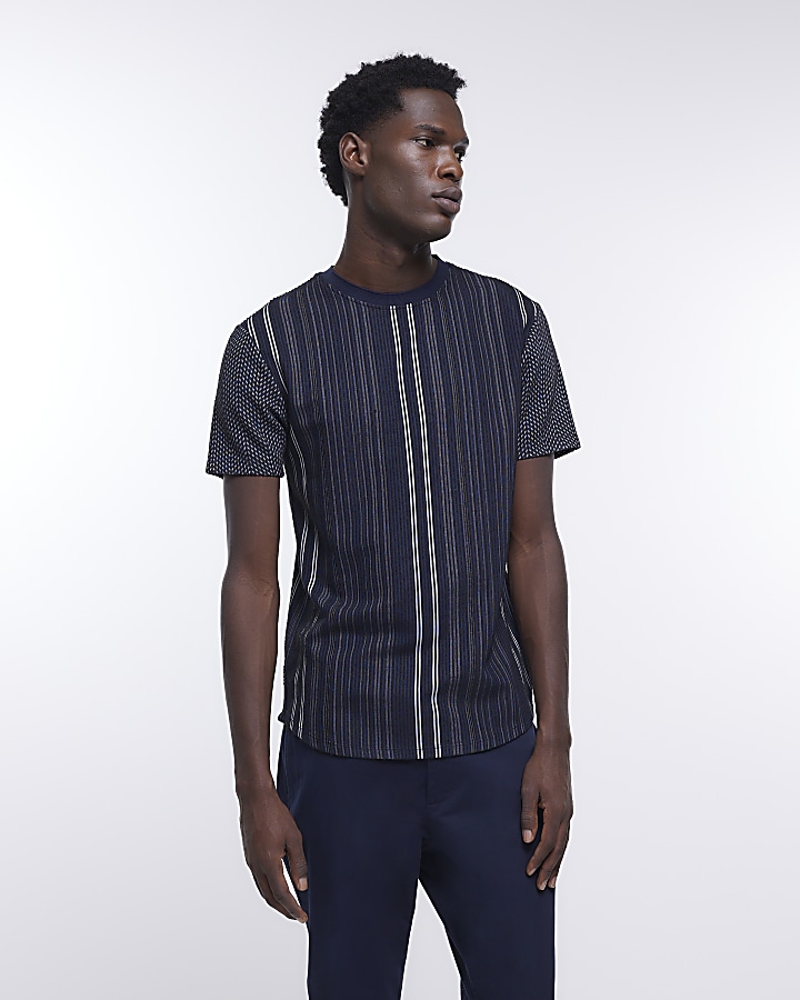 Navy slim fit striped textured t-shirt | River Island