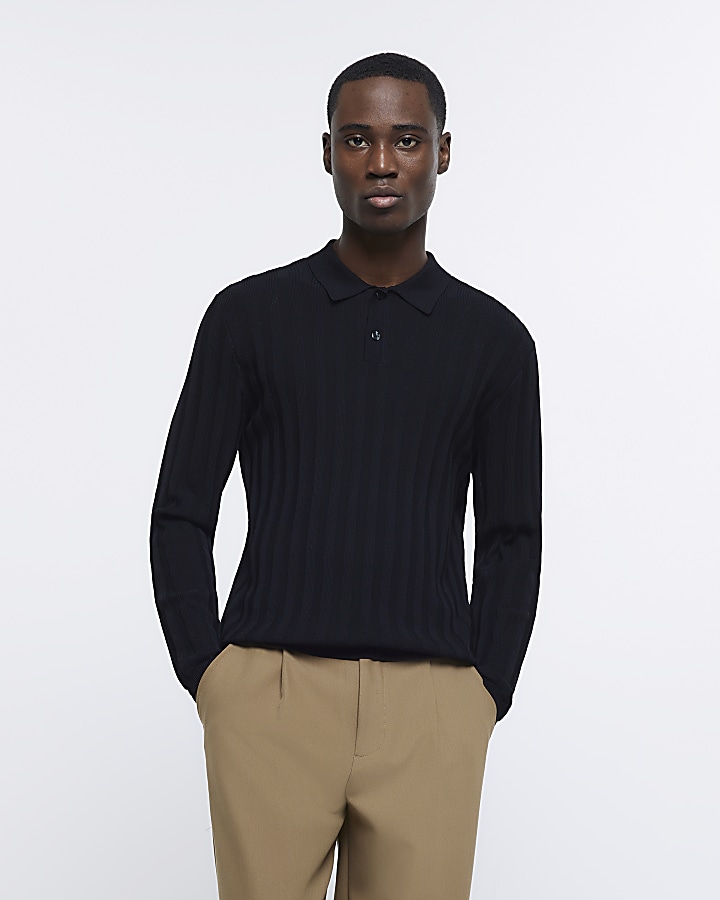 Black regular fit RI Studio knitted polo | River Island