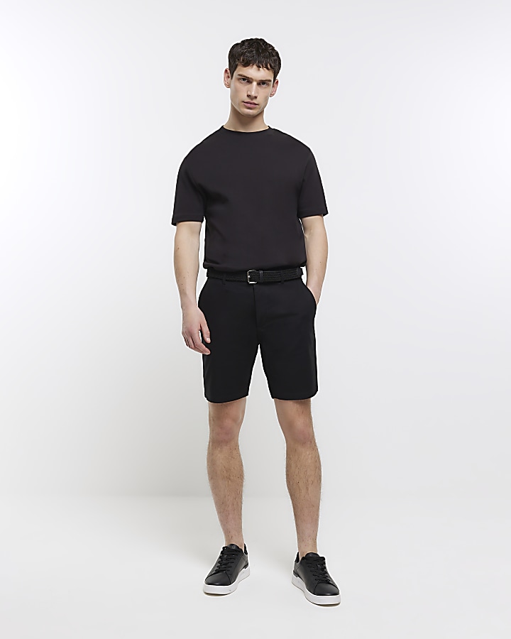 Black regular fit belted chino shorts | River Island