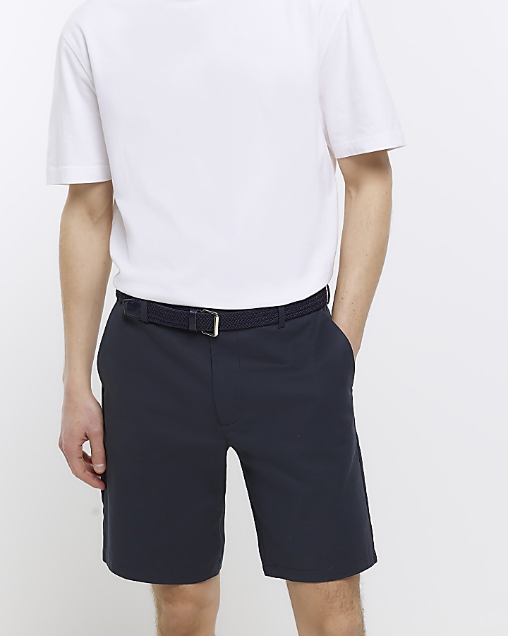 Navy regular fit belted chino shorts