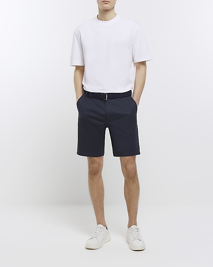 Navy regular fit belted chino shorts | River Island