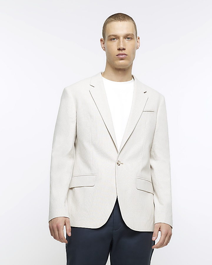 Ecru slim fit seersucker blazer