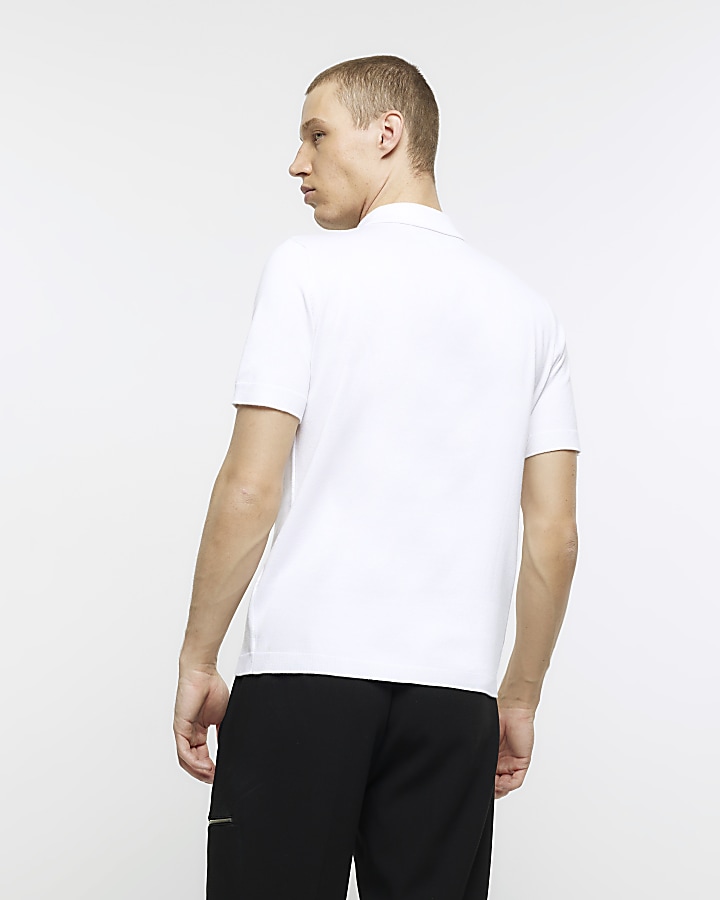 White slim fit knitted short sleeve polo
