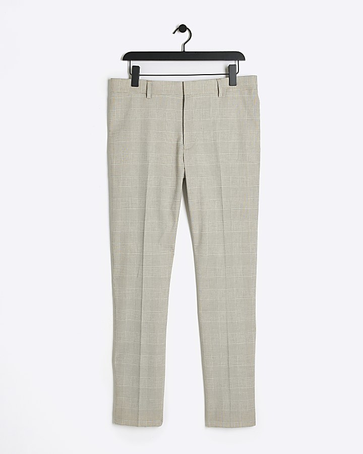 Stone slim fit check suit trousers
