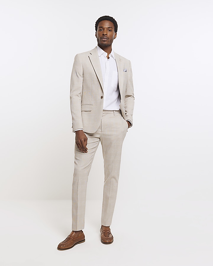 Stone slim fit check suit trousers