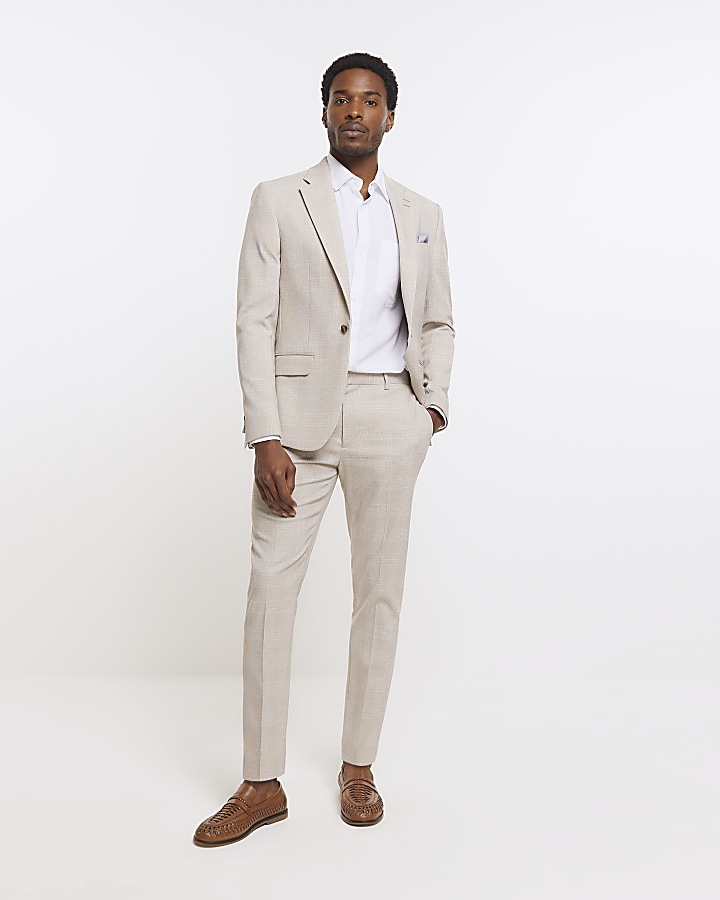 Stone slim fit check suit trousers | River Island