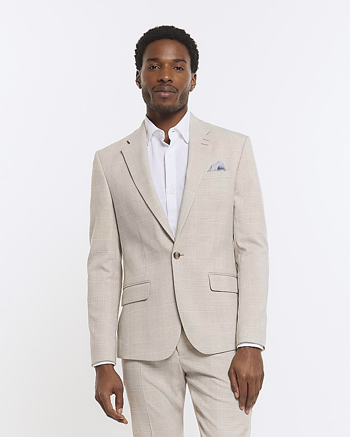 Stone slim fit check suit jacket