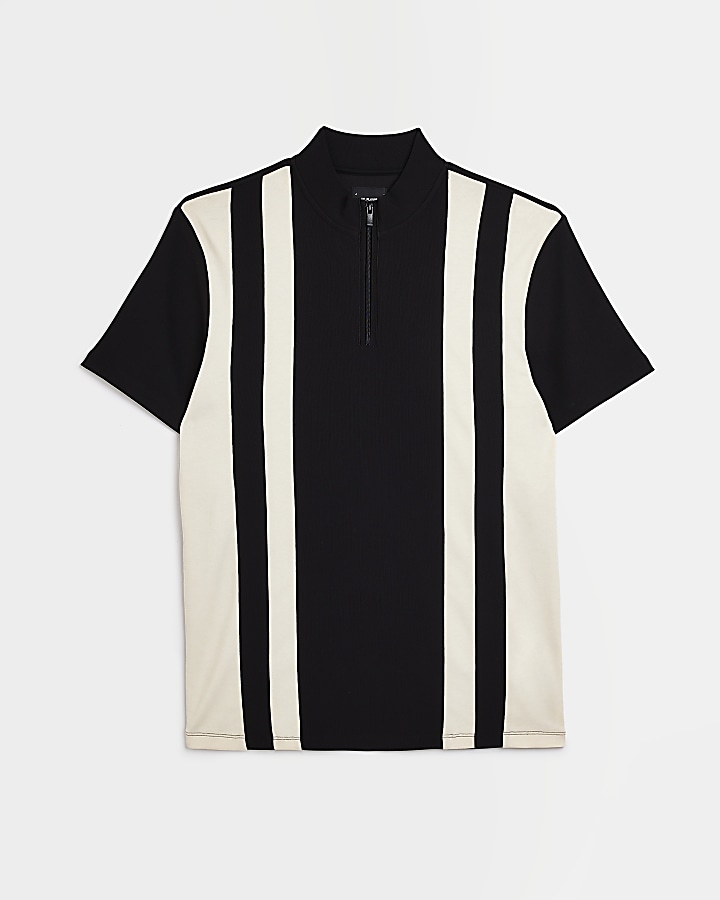 Black slim fit striped funnel polo shirt