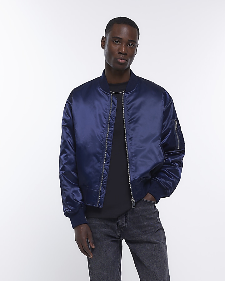 Navy satin bomber clearance jacket