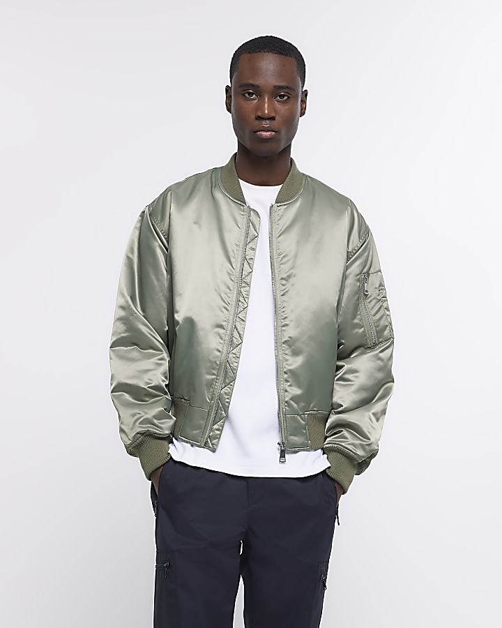 Green regular fit nylon satin bomber jacket | River Island