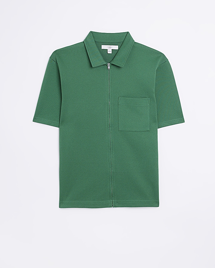 Green slim fit short sleeve zip up shacket