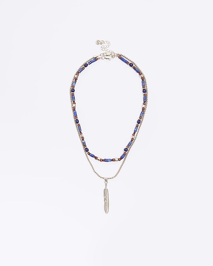 Blue beaded multirow leaf necklace