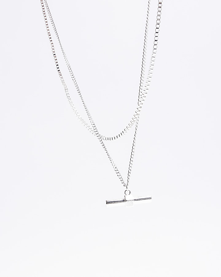 Silver plated bar pendant multirow necklace