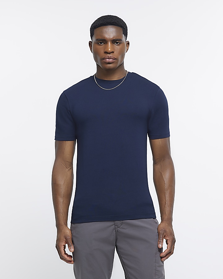 Navy muscle fit short sleeve t-shirt | River Island