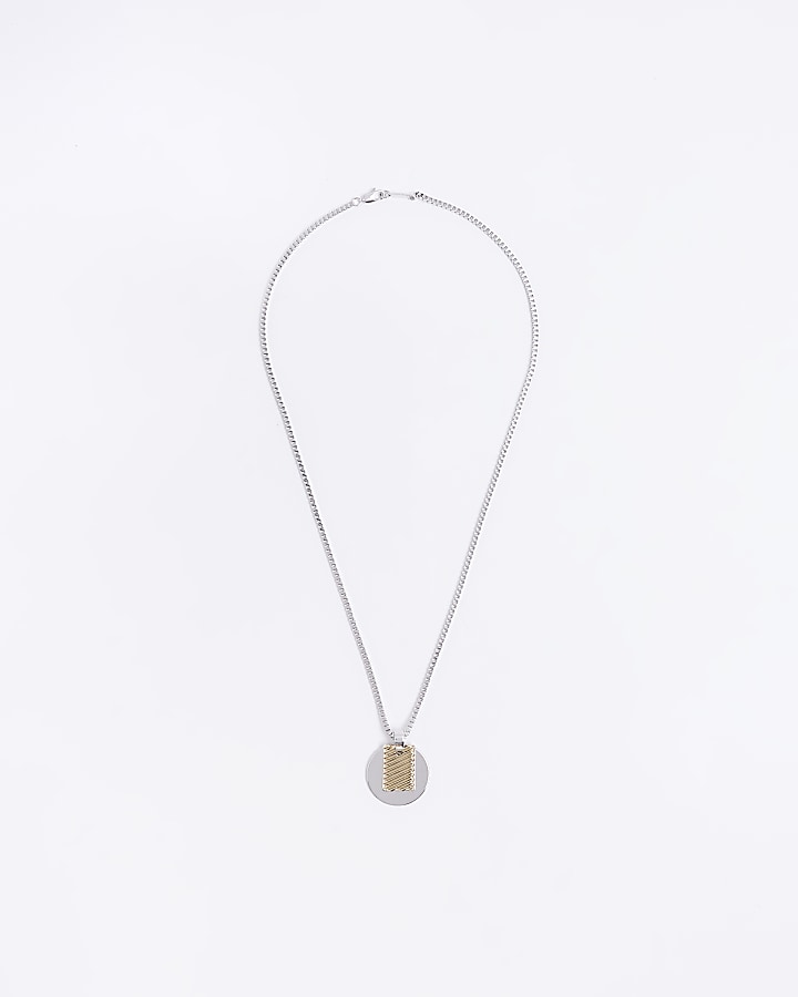 Silver colour tag and disc necklace