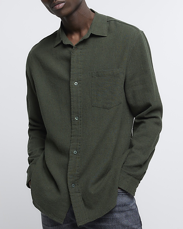 Khaki regular fit linen blend shirt