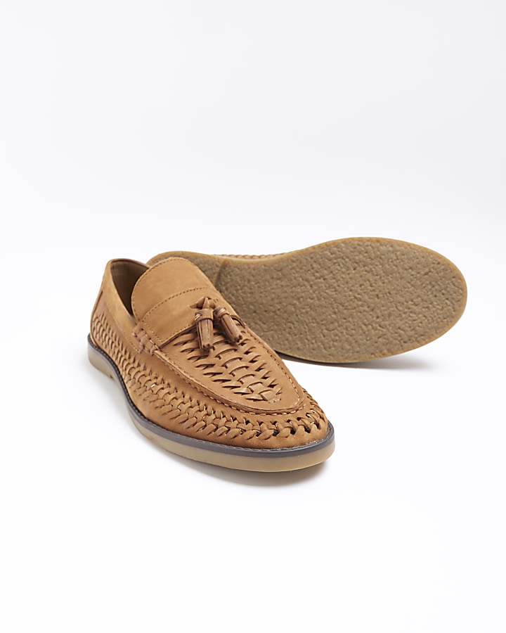 Brown wide fit woven tassel detail loafers