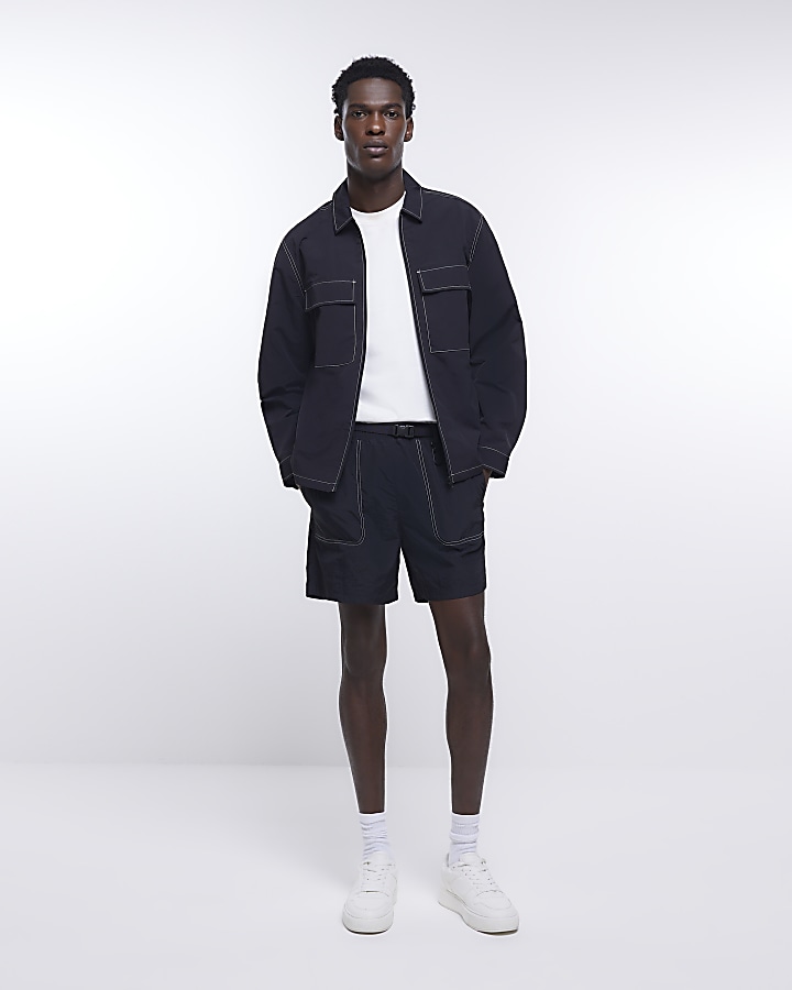 Black skinny fit utility belted swim shorts