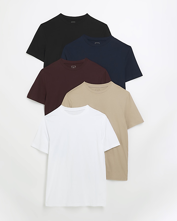 Navy multipack of 5 slim fit t-shirts | River Island