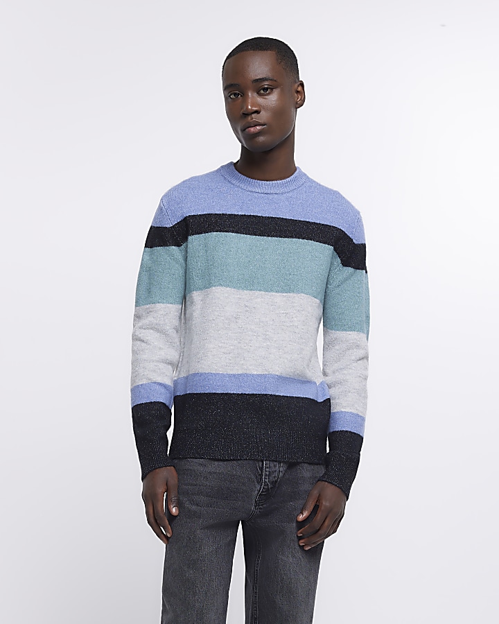 Blue slim fit striped soft touch jumper | River Island