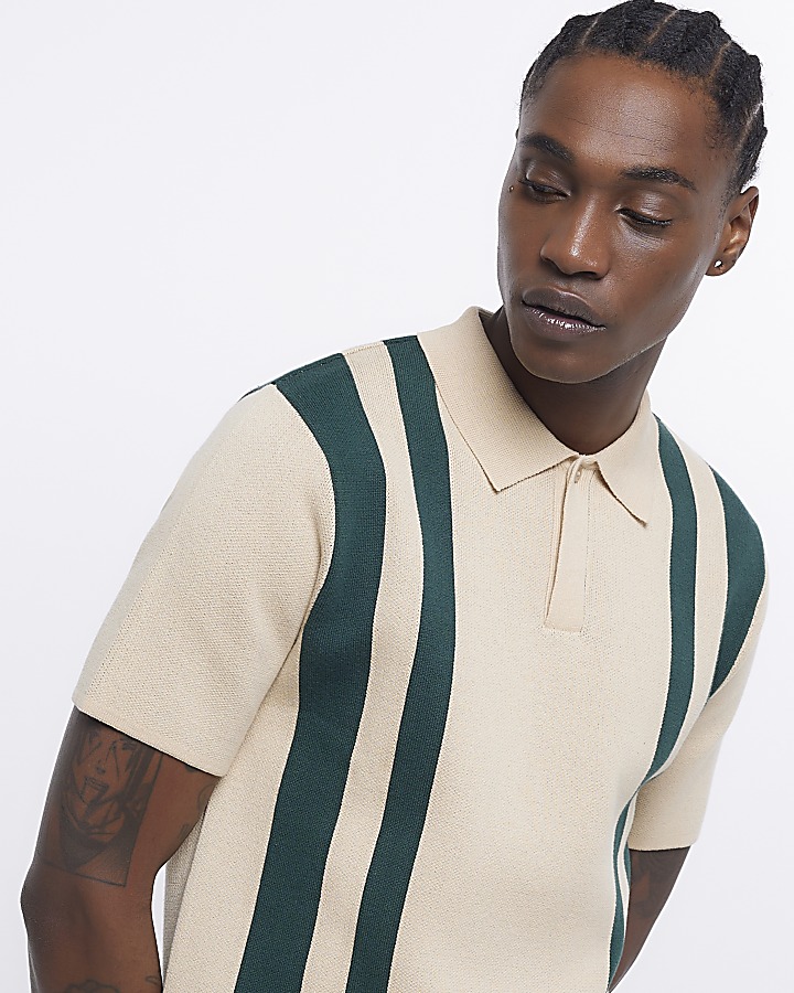 Stone regular fit striped knitted polo shirt | River Island