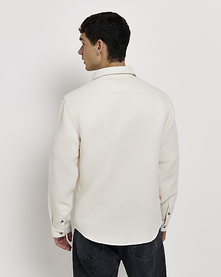 White regular fit textured overshirt