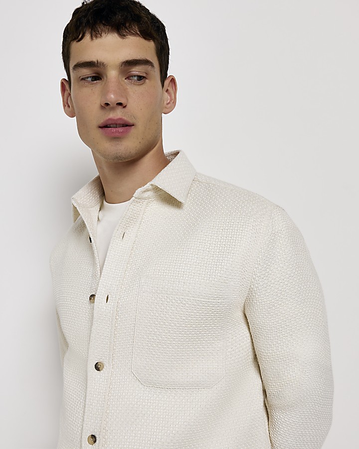 White regular fit textured overshirt