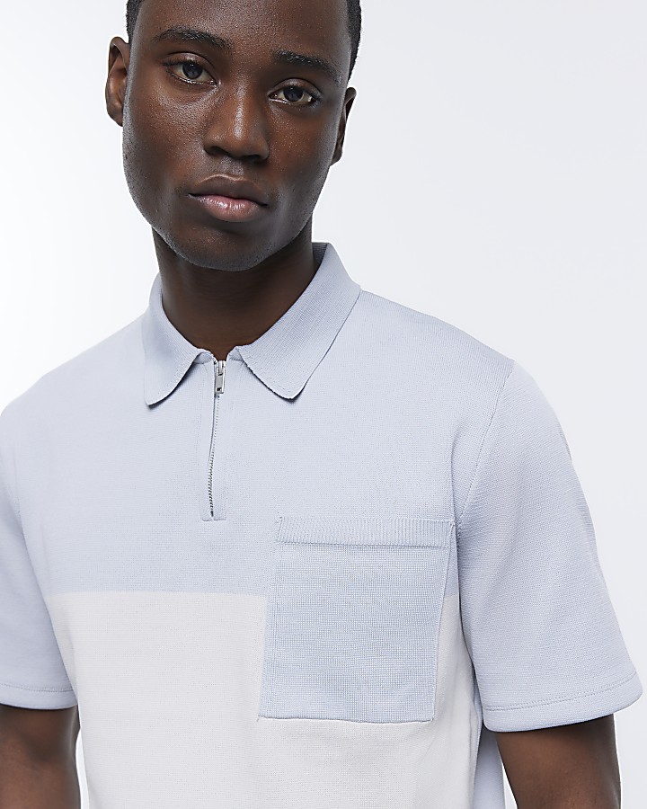 Blue slim fit knitted colour block polo | River Island