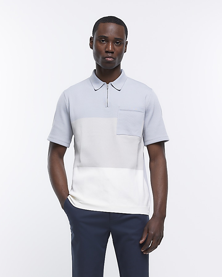 Blue slim fit knitted colour block polo | River Island
