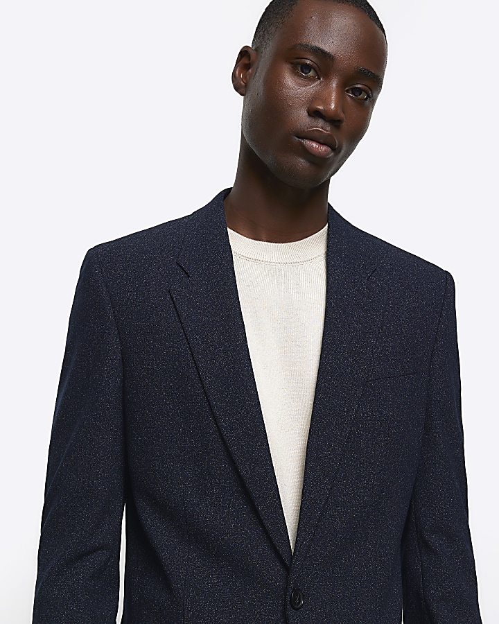 Navy slim fit textured suit jacket