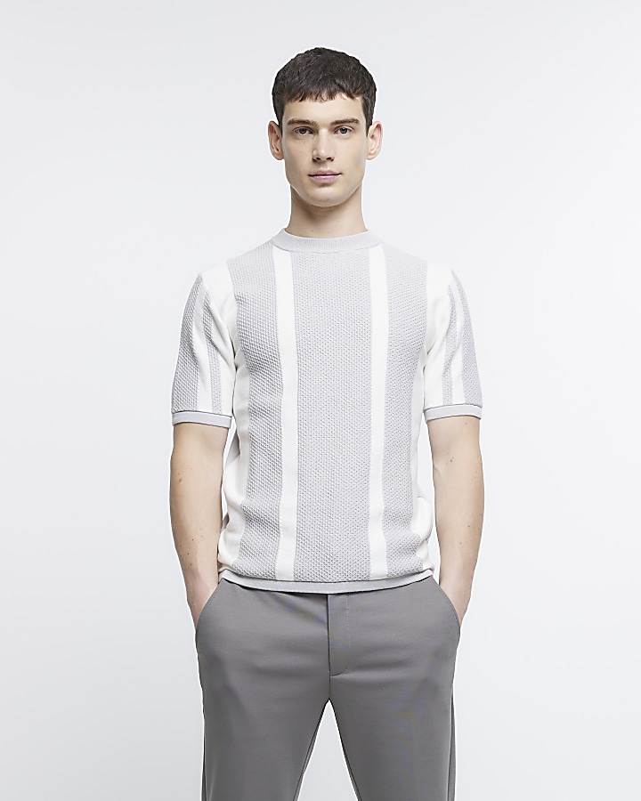 Grey slim fit striped knit t-shirt