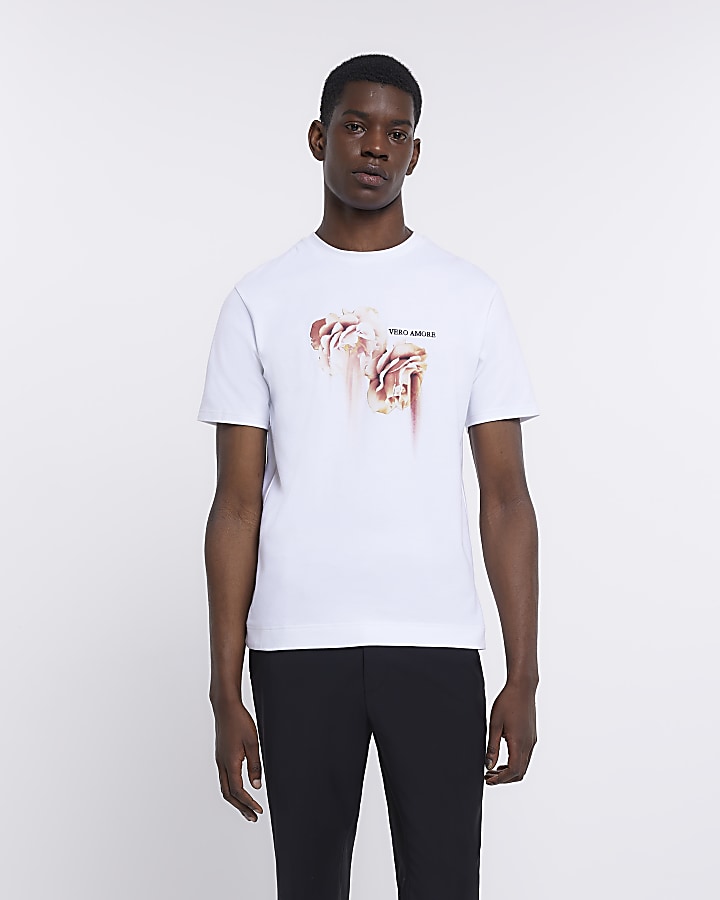 White Slim fit graphic Floral t-shirt | River Island