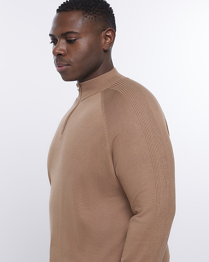 Big & Tall brown half zip knitted jumper