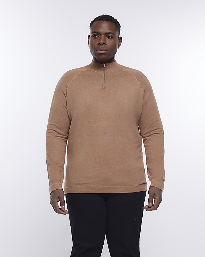 Big & Tall brown half zip knitted jumper