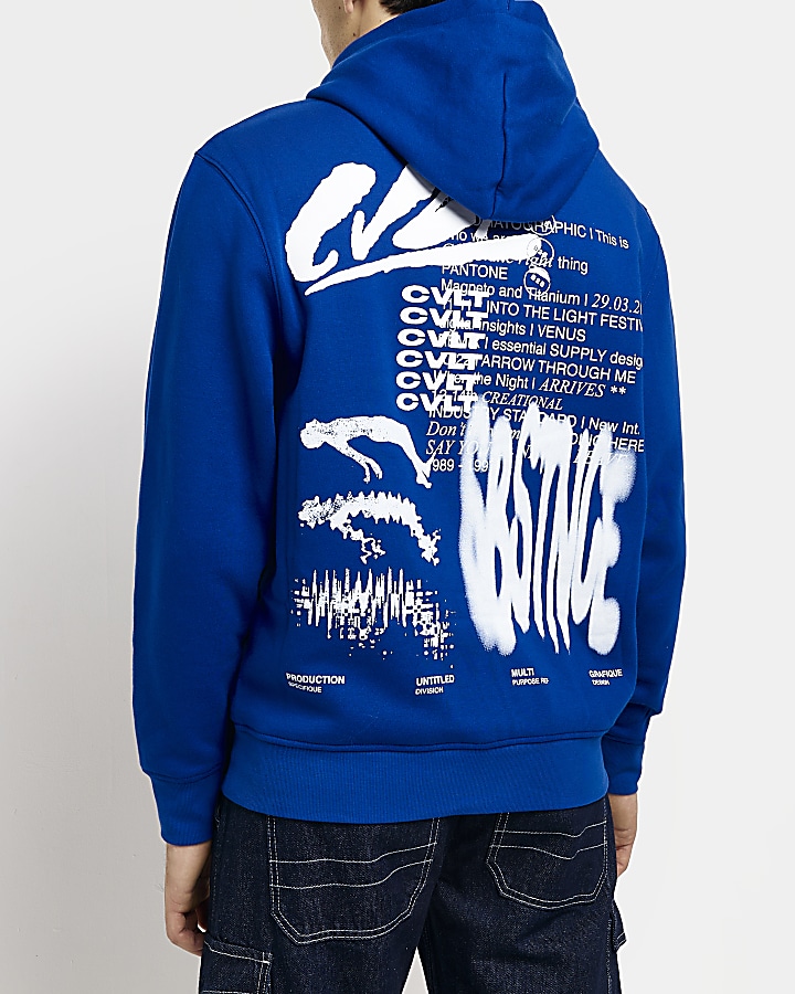 Blue regular fit graphic print hoodie | River Island