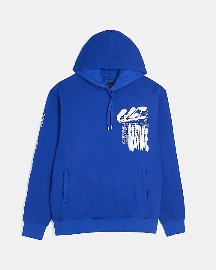 Blue regular fit graphic print hoodie | River Island