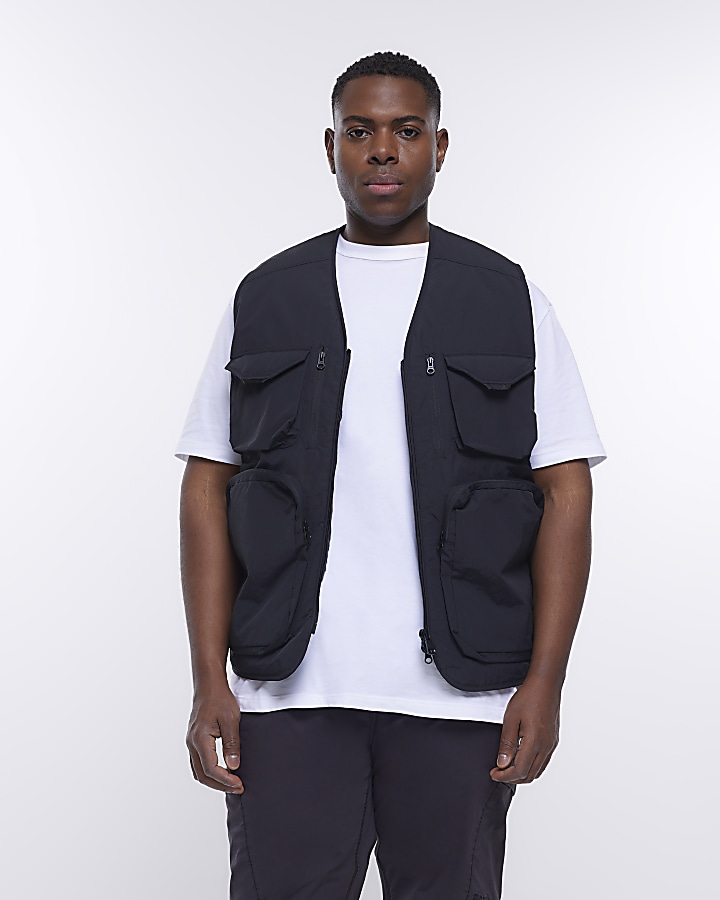 Big & Tall black multi pocket utility gilet