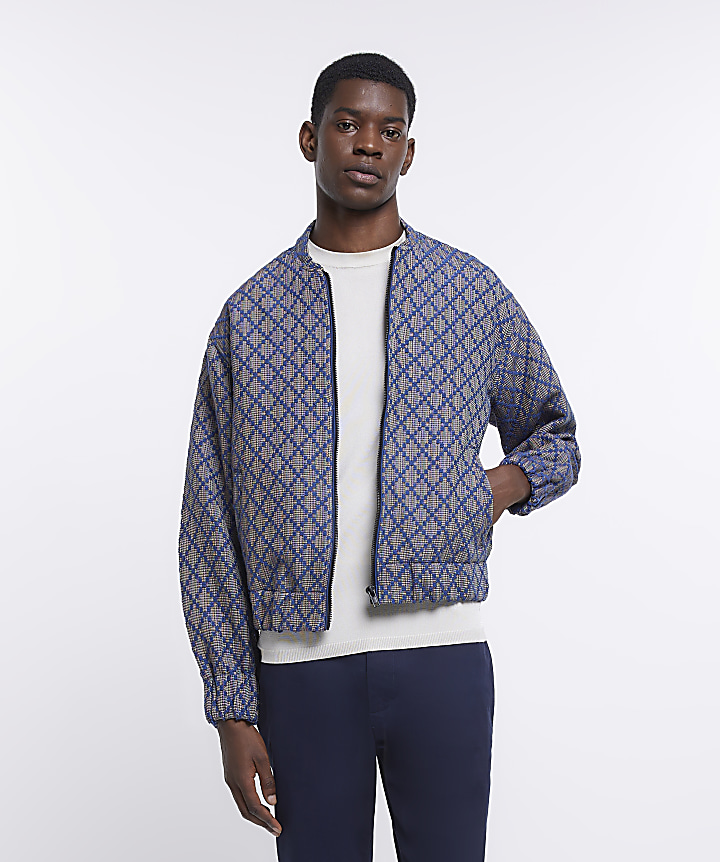 Blue regular fit aztec print bomber jacket