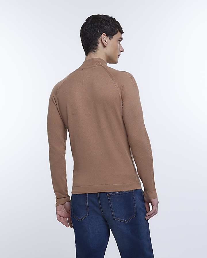 Brown slim fit knitted half zip jumper