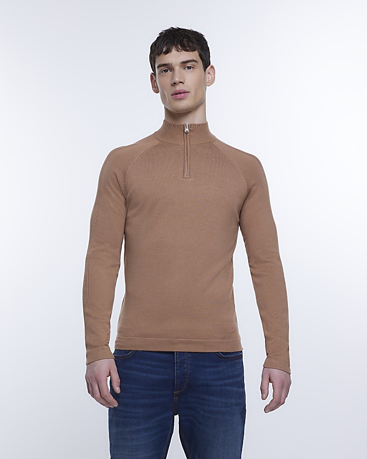 Brown slim fit knitted half zip jumper