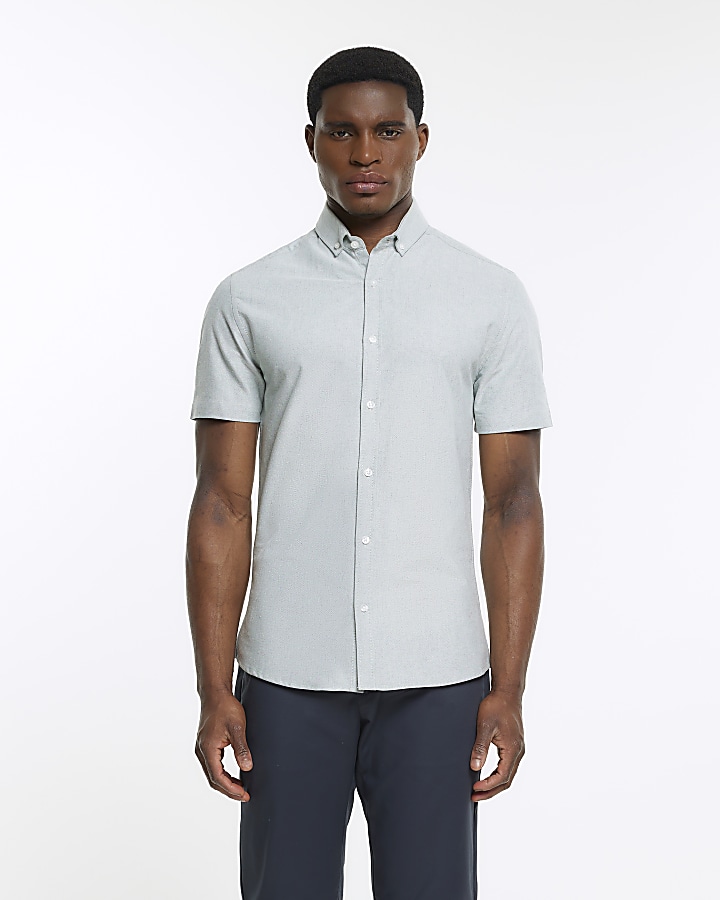 Green muscle fit short sleeve oxford shirt | River Island