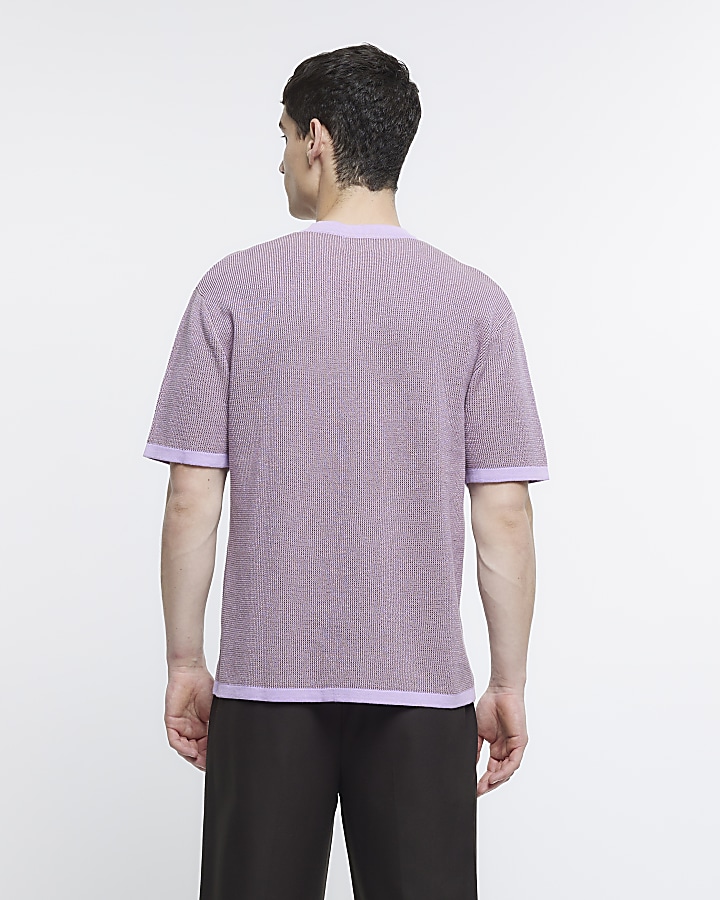 Purple oversized fit textured knitted t-shirt