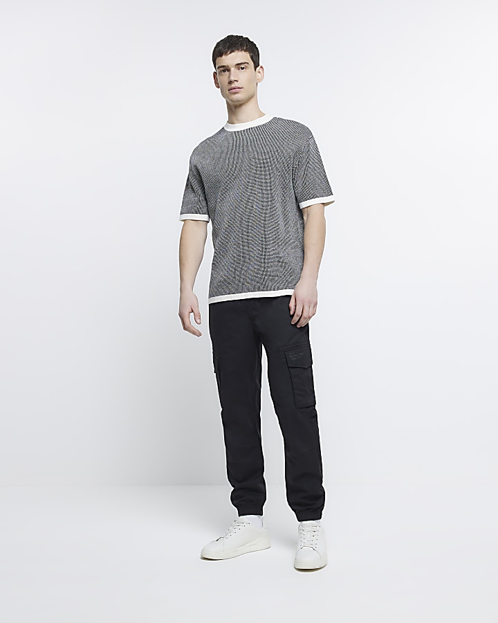 Black oversized fit textured knitted t-shirt