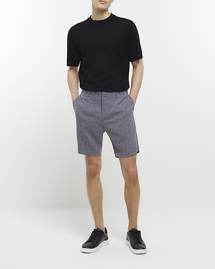 Navy slim fit textured smart shorts | River Island