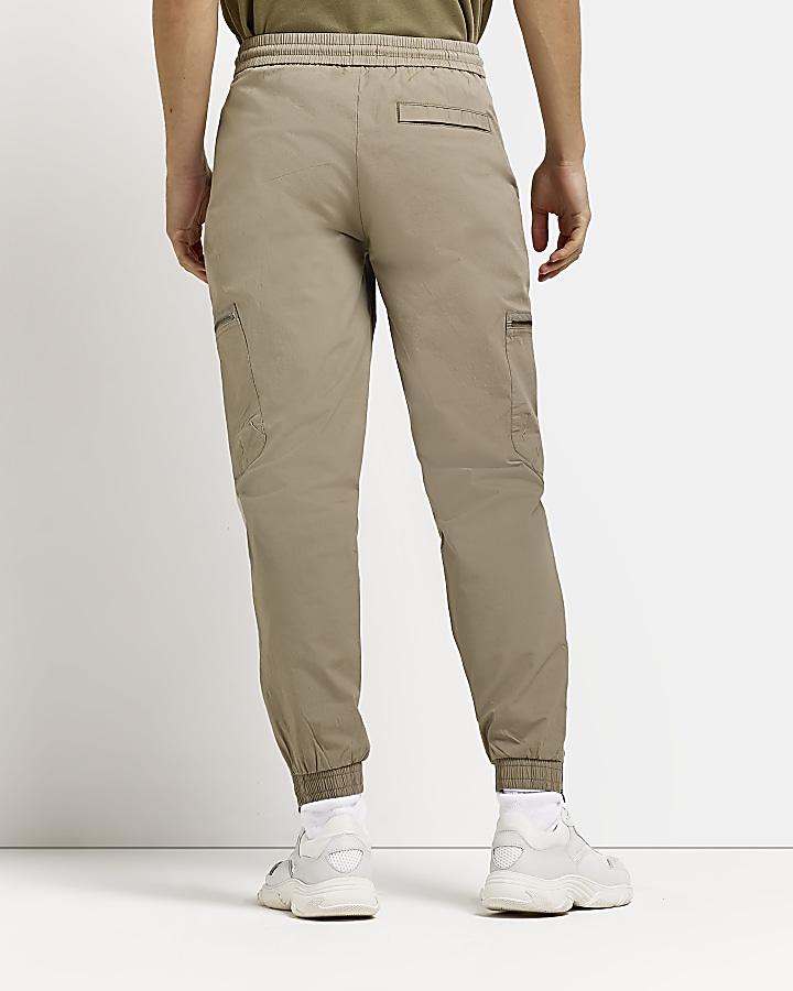 Brown slim fit zip pocket cargo trousers