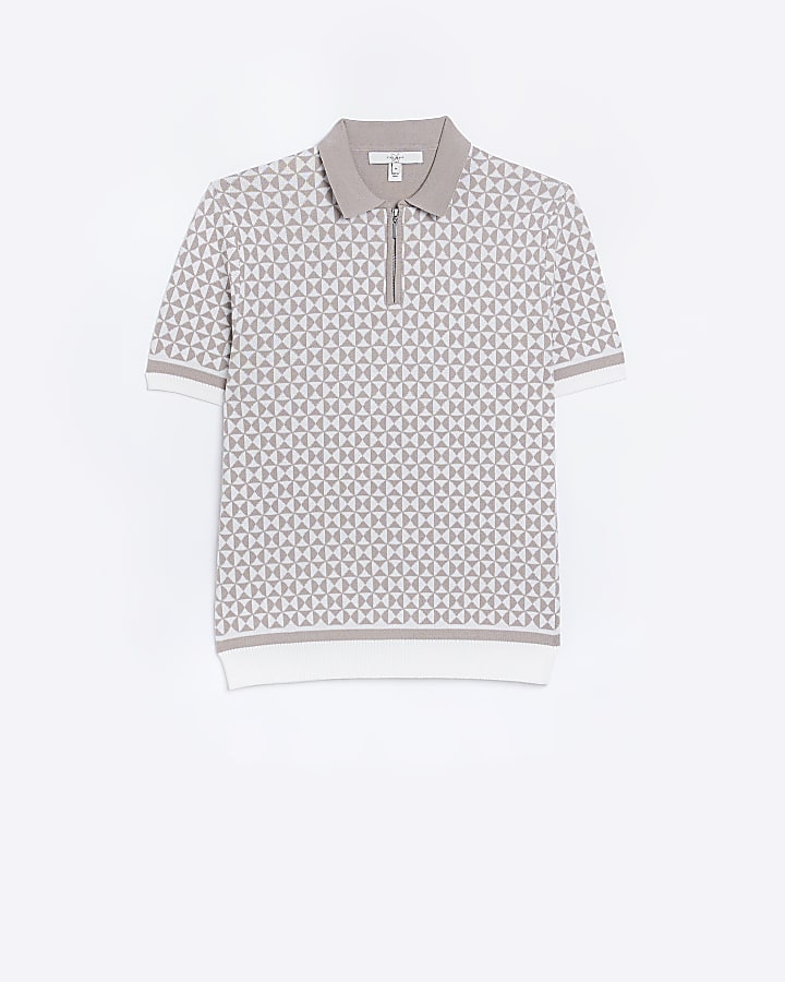 Stone slim fit geometric knitted polo shirt