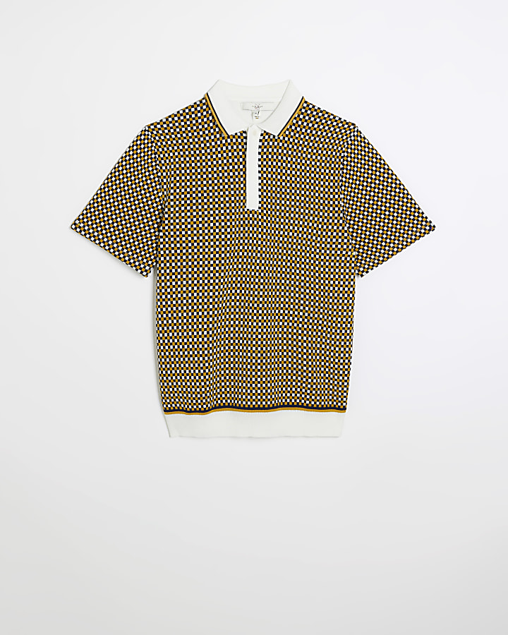 Yellow slim fit check knit polo shirt