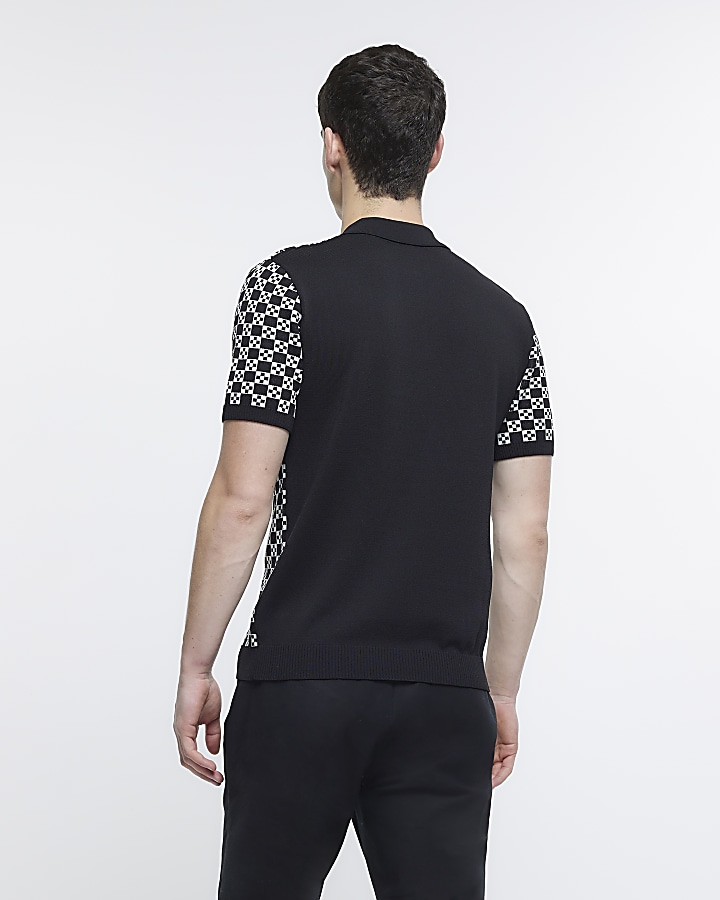 Black slim fit geometric print knitted polo