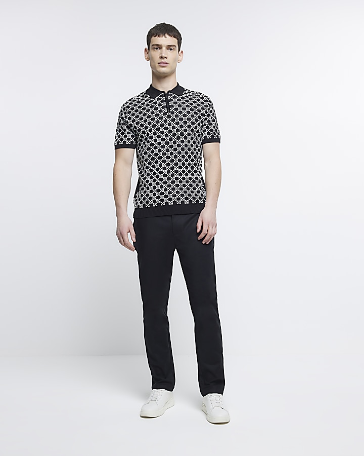 Black slim fit geometric print knitted polo