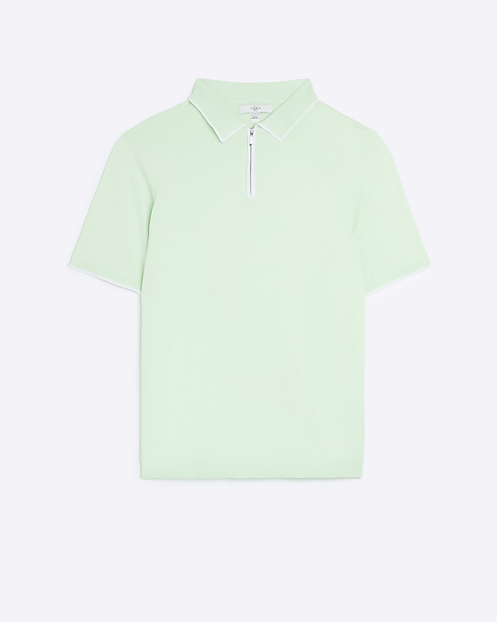 Green slim fit knitted half zip polo shirt